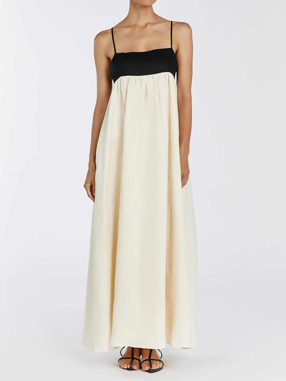 Black and White Patchwork Maxi Dress with Suspender Straps - Loose, Flowy Fit