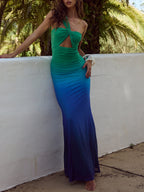 Stunning Ombre Marine Asymmetric-Neck Evening Maxi Dress