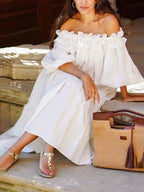 Off-Shoulder Ruffle Midi Dress with Puff Sleeves and Pockets