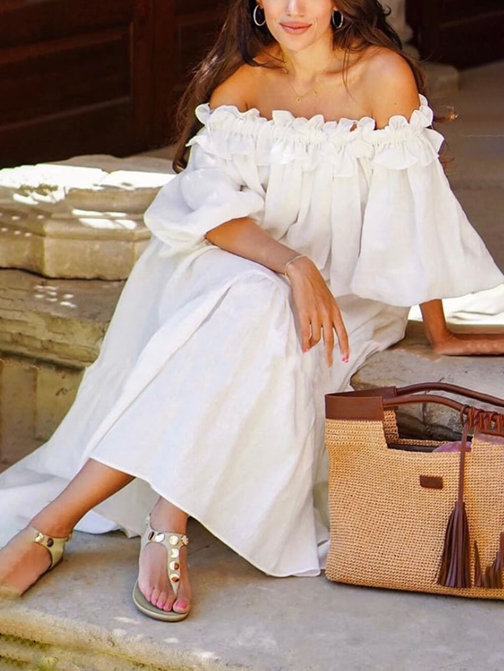 Off-Shoulder Ruffle Midi Dress with Puff Sleeves and Pockets