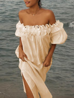 Off-Shoulder Ruffle Midi Dress with Puff Sleeves and Pockets