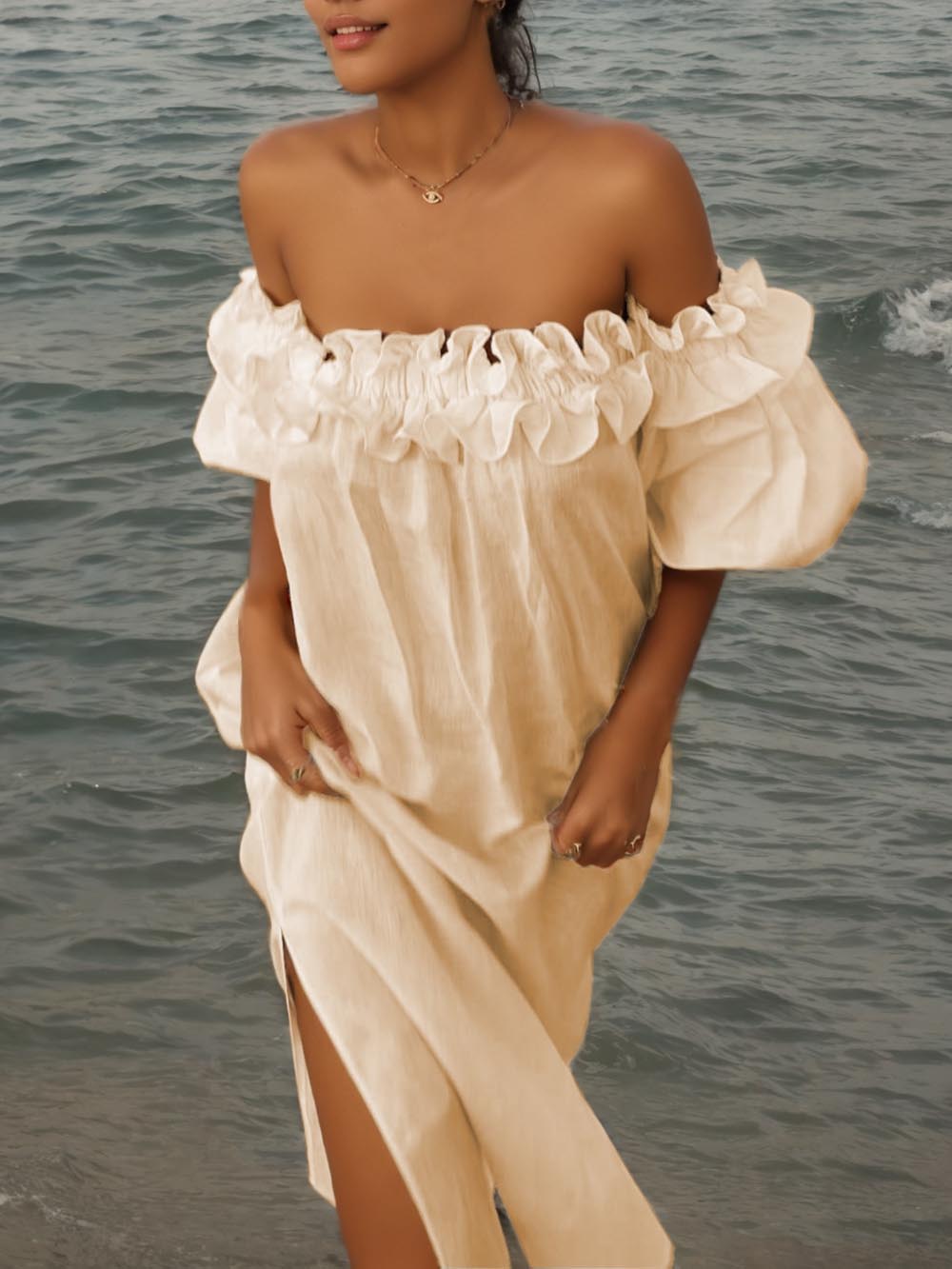 Off-Shoulder Ruffle Midi Dress with Puff Sleeves and Pockets