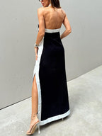 Halter-Neck Color-Block Maxi Dress with Side Slit