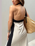 Halter-Neck Color-Block Maxi Dress with Side Slit