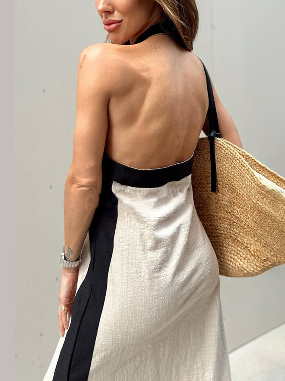Halter-Neck Color-Block Maxi Dress with Side Slit