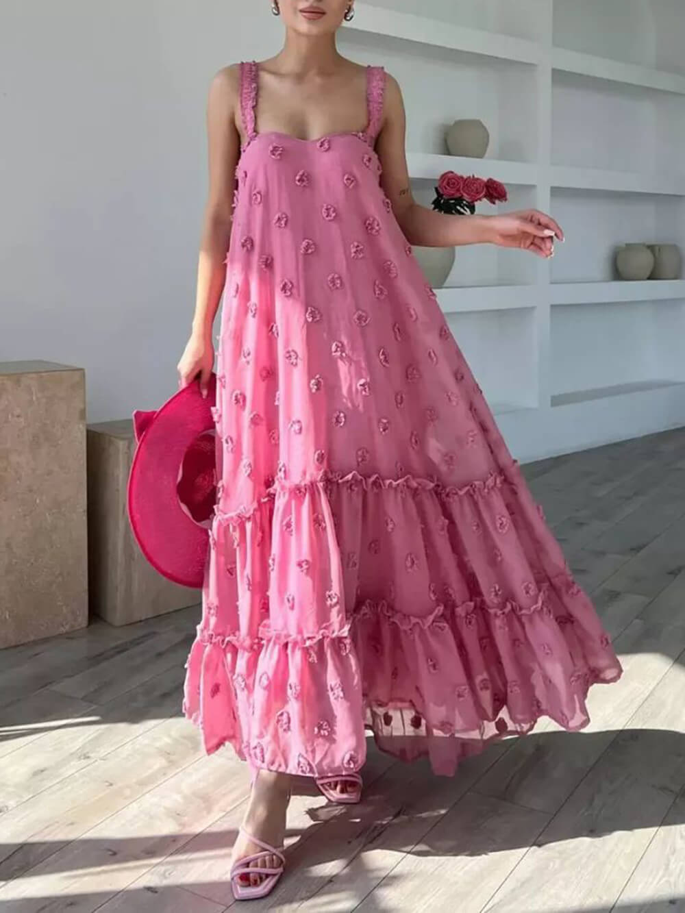 Floral Decor A-Line Layered Maxi Dress with Loose Fit