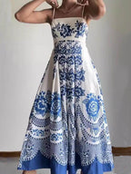 Bohemian Floral Print Smocked-Back Midi Dress - Loose Fit