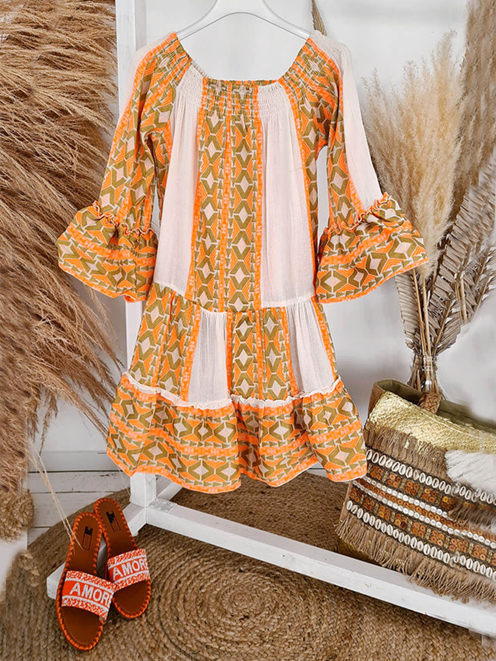 Boho Ethnic-Print Linen-Blend Off-Shoulder Mini Dress - Relaxed, Flowy Fit