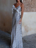 Enchanting Polka Dot Guipure Maxi Dress with Ruffled Suspender Straps