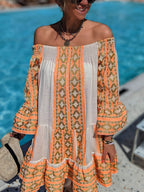 Boho Ethnic-Print Linen-Blend Off-Shoulder Mini Dress - Relaxed, Flowy Fit