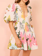 Floral Print Puff-Sleeve Mini Dress with Pockets