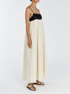 Black and White Patchwork Maxi Dress with Suspender Straps - Loose, Flowy Fit