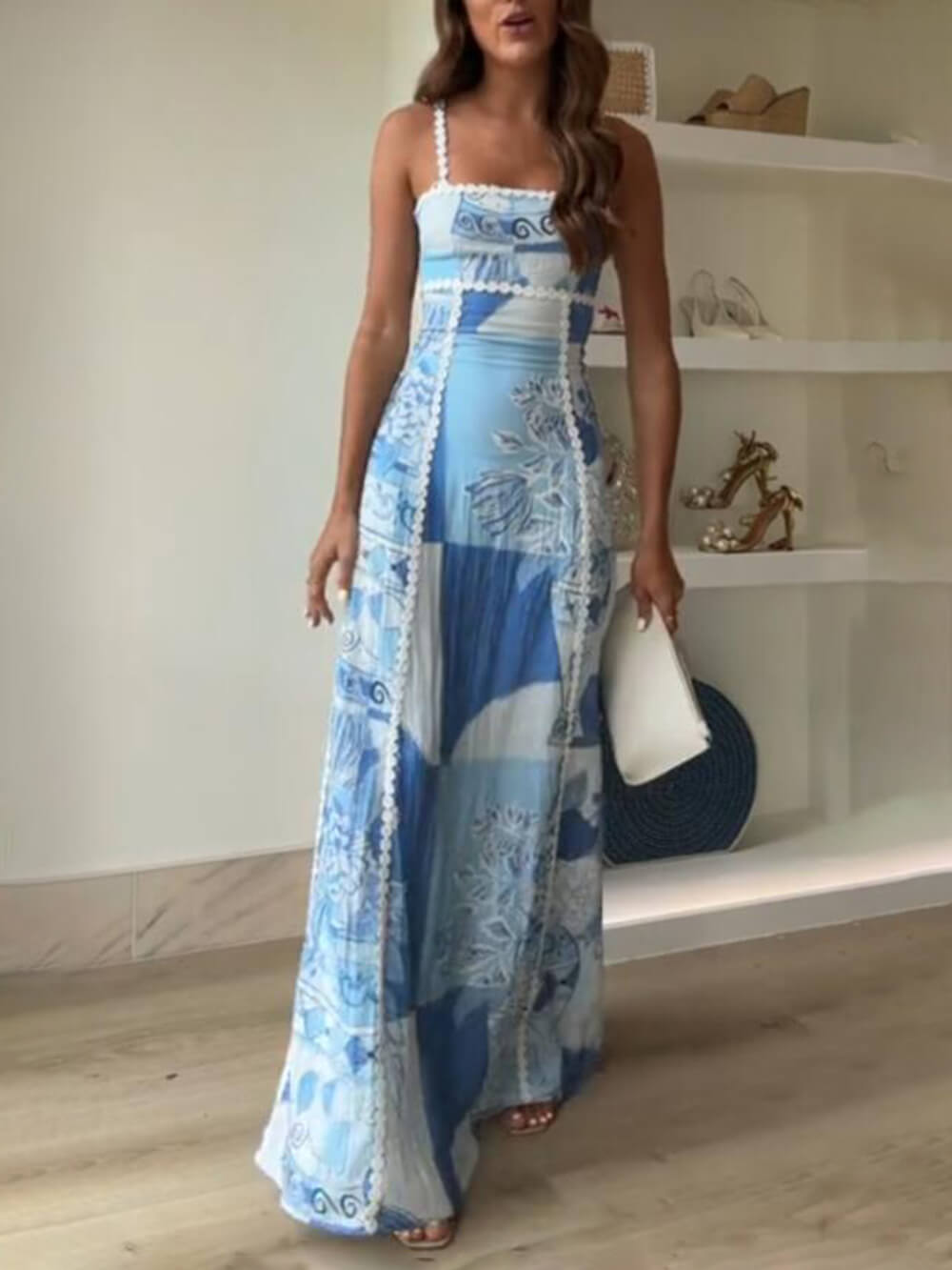 Lace Patchwork Printed Halter Maxi Dresses with Back Tie and Flared Silhouette