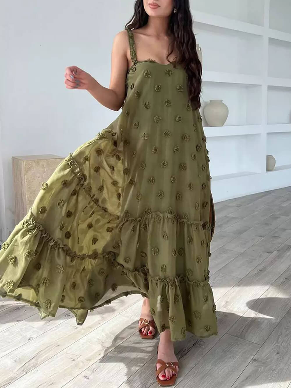 Floral Decor A-Line Layered Maxi Dress with Loose Fit