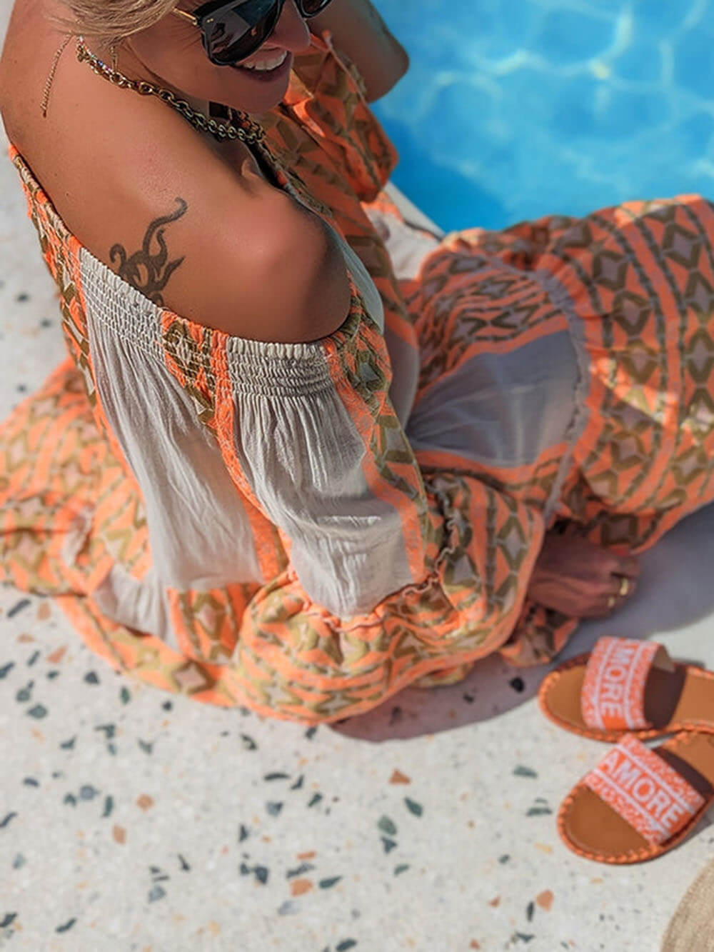 Boho Ethnic-Print Linen-Blend Off-Shoulder Mini Dress - Relaxed, Flowy Fit