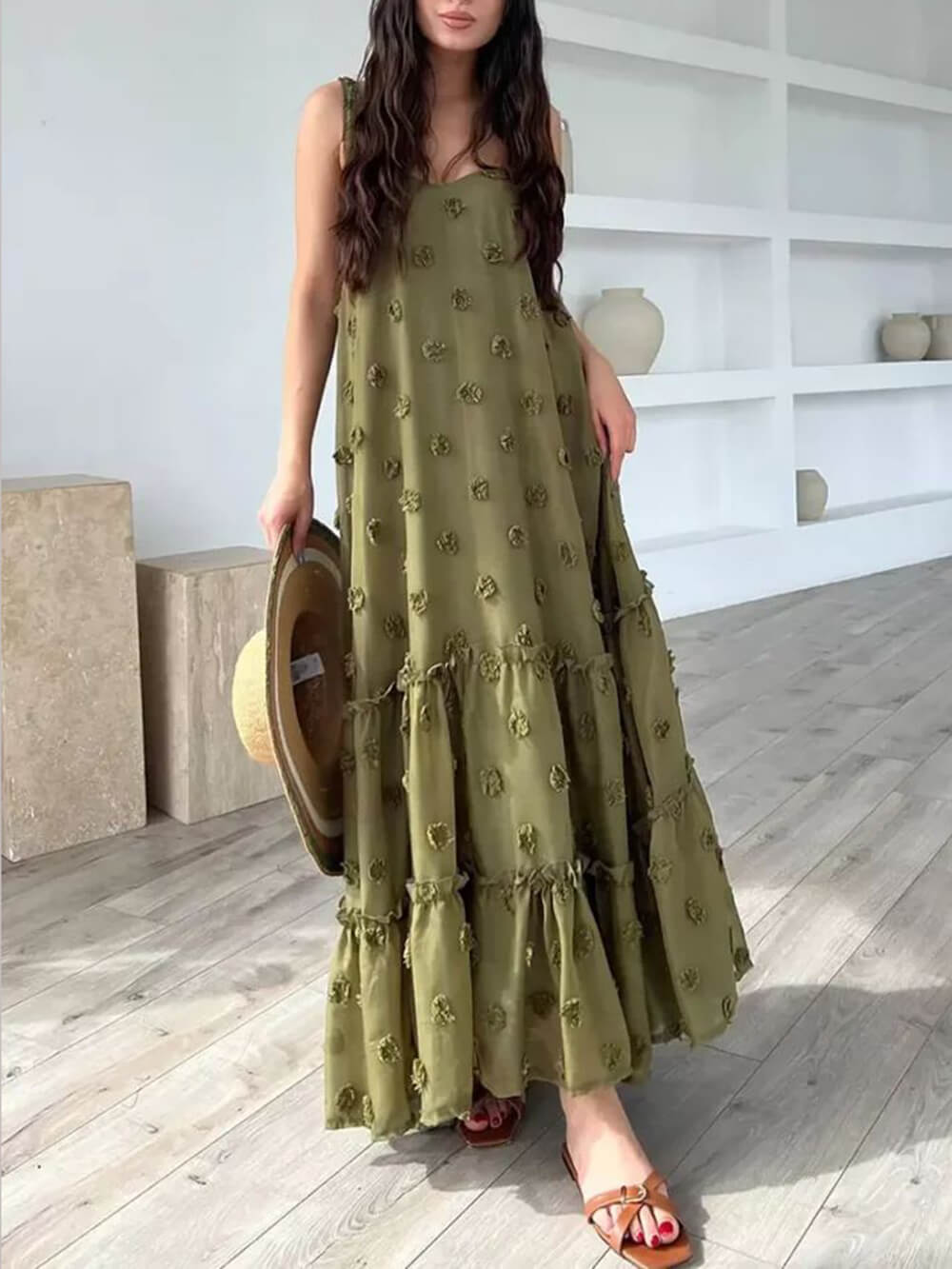 Floral Decor A-Line Layered Maxi Dress with Loose Fit