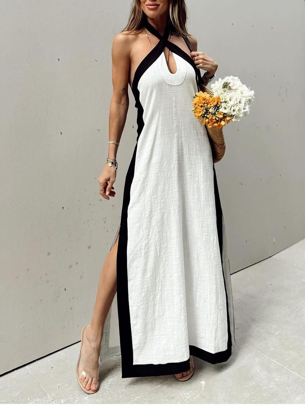 Halter-Neck Color-Block Maxi Dress with Side Slit