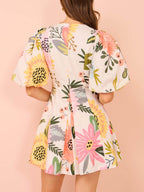 Floral Print Puff-Sleeve Mini Dress with Pockets