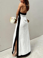 Halter-Neck Color-Block Maxi Dress with Side Slit