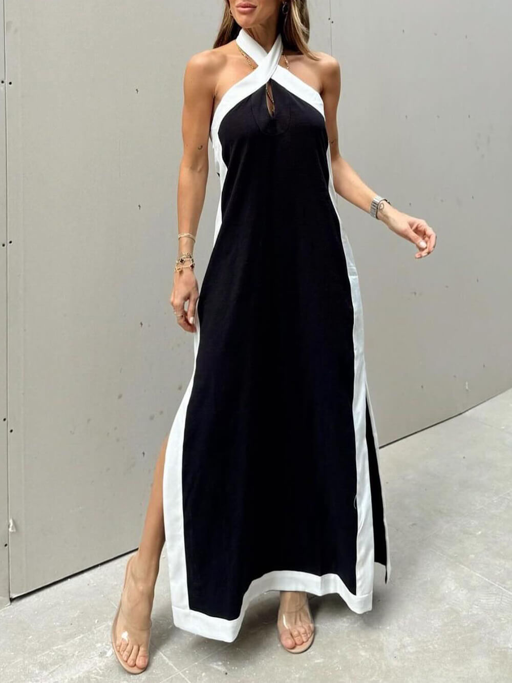Halter-Neck Color-Block Maxi Dress with Side Slit