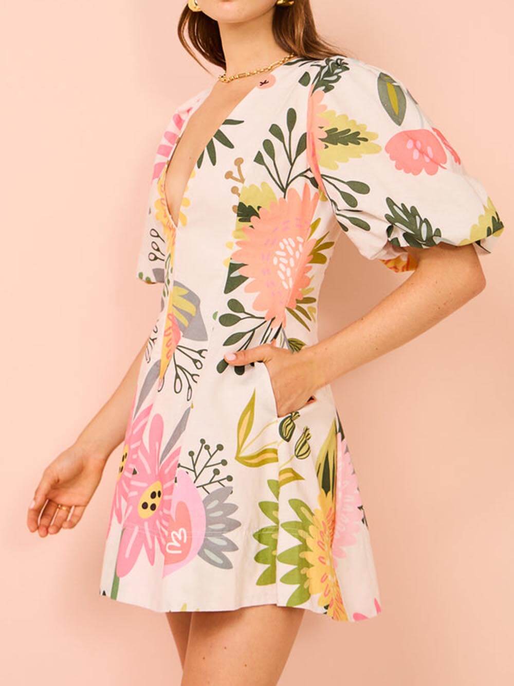 Floral Print Puff-Sleeve Mini Dress with Pockets