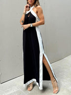 Halter-Neck Color-Block Maxi Dress with Side Slit