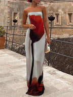 Abstract Tulip-Print Slip Maxi Dress with H-Line Silhouette - Vacation-Ready