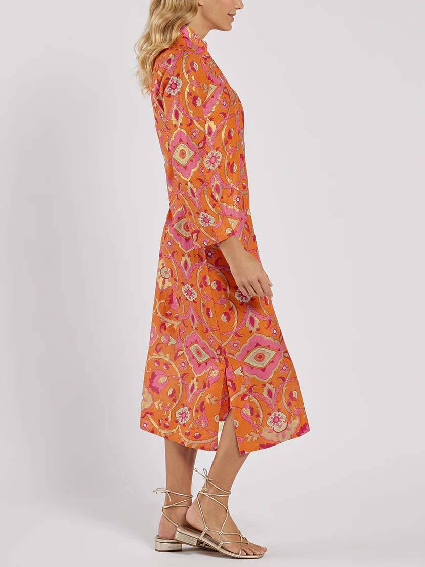 Printed Midi Dress with Stand Collar