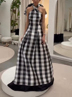 Timeless Plaid Halter-Neck Maxi Dress