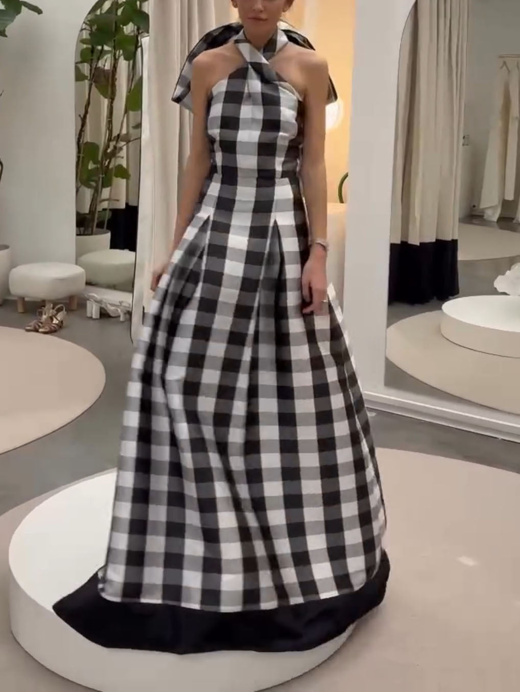 Timeless Plaid Halter-Neck Maxi Dress