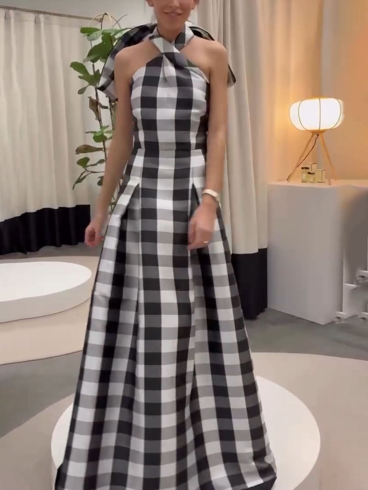 Timeless Plaid Halter-Neck Maxi Dress