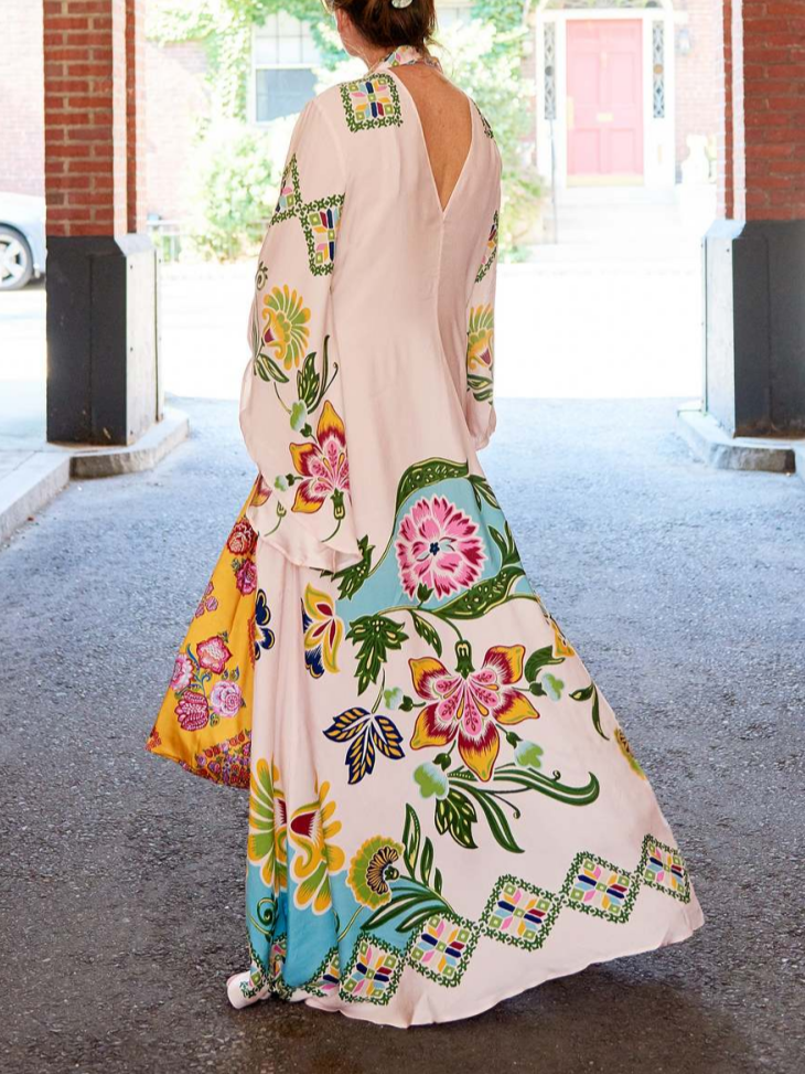 Radiant Sunshine Floral Print Maxi Dress with a Flowing Silhouette