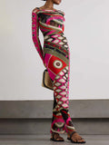 Retro-Inspired Abstract Print Hip-Wrap Maxi Dress