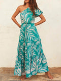 Off-Shoulder Palm Leaf Print Floral Dress – Holiday-Ready Summer Style