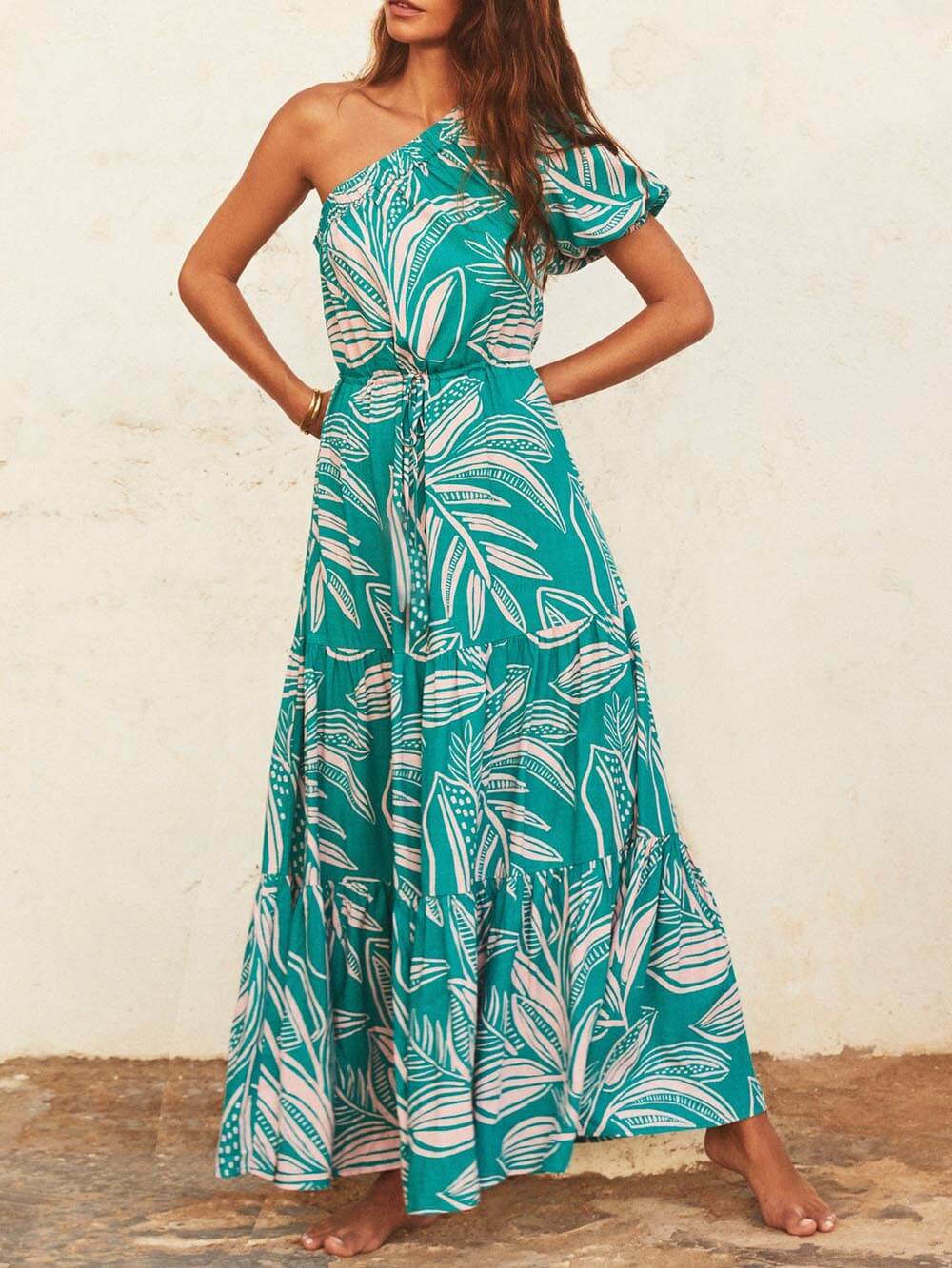 Off-Shoulder Palm Leaf Print Floral Dress – Holiday-Ready Summer Style
