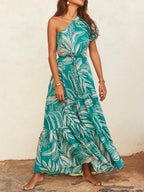 Off-Shoulder Palm Leaf Print Floral Dress – Holiday-Ready Summer Style