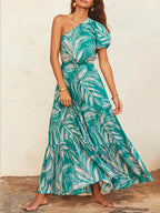 Off-Shoulder Palm Leaf Print Floral Dress – Holiday-Ready Summer Style