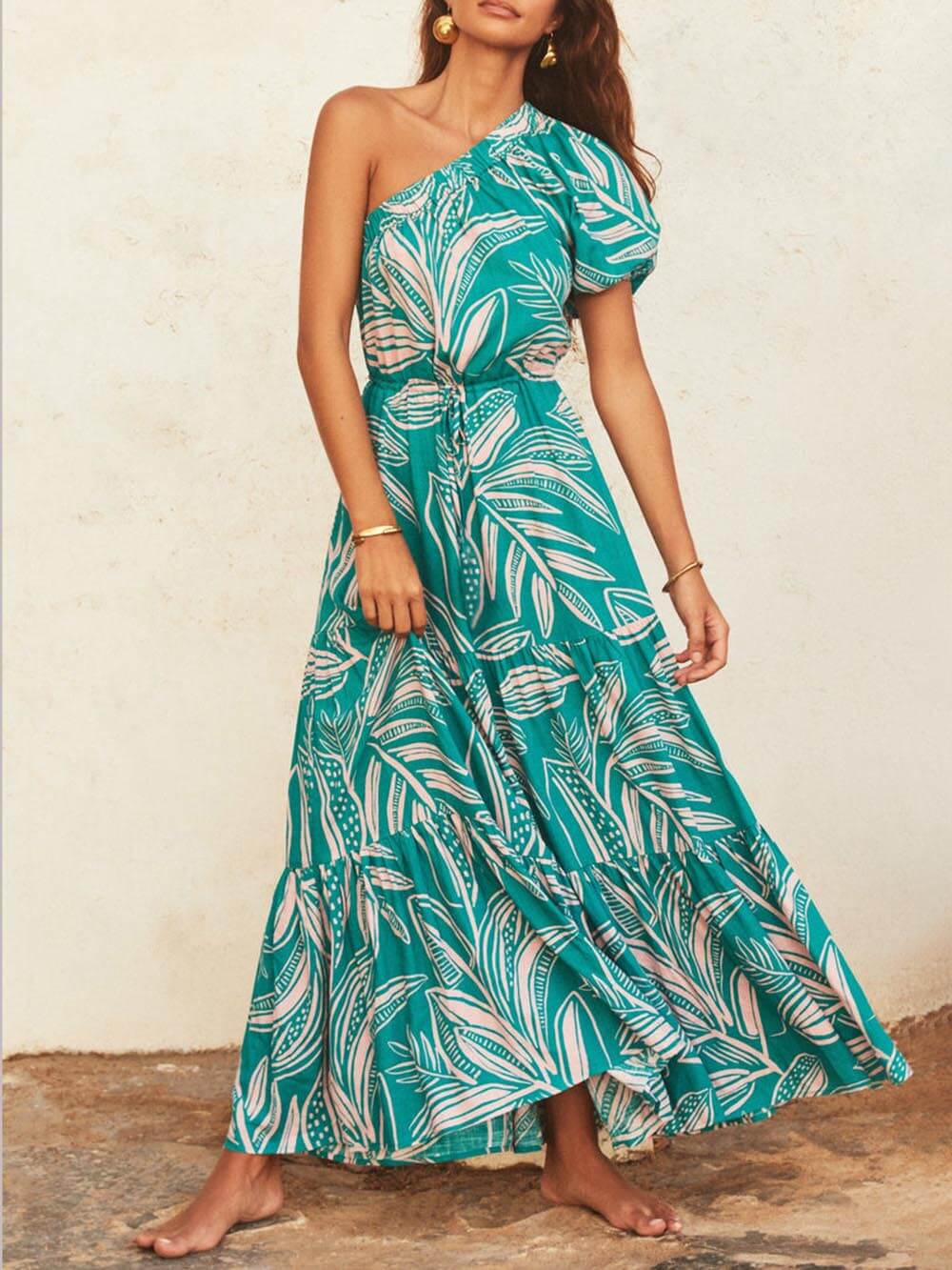Off-Shoulder Palm Leaf Print Floral Dress – Holiday-Ready Summer Style