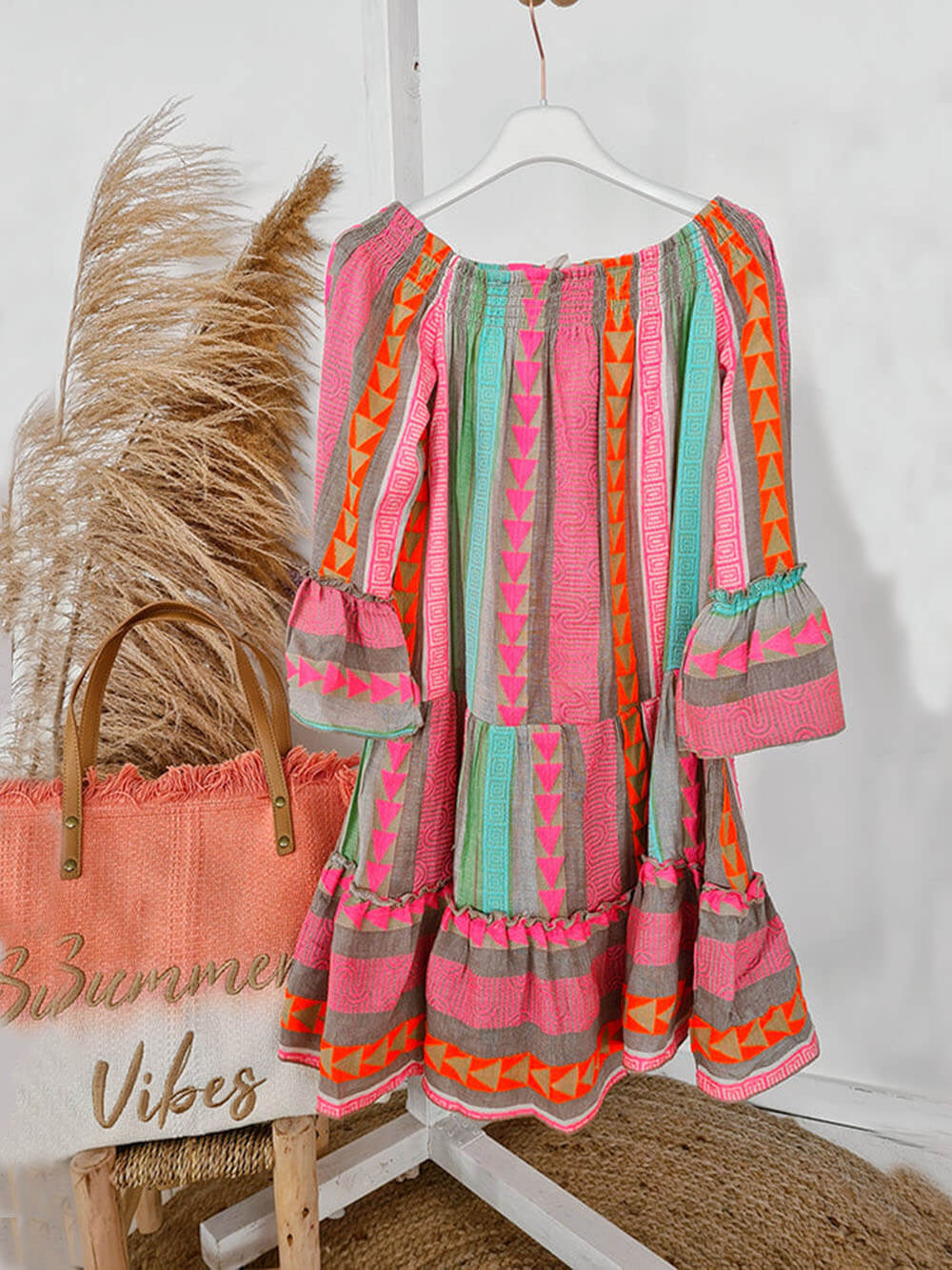 Boho Ethnic-Print Linen-Blend Off-Shoulder Mini Dress - Relaxed, Flowy Fit