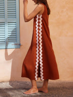 Striped Wave-Embellished Loose Dress with Side Slit
