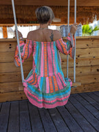Boho Ethnic-Print Linen-Blend Off-Shoulder Mini Dress - Relaxed, Flowy Fit