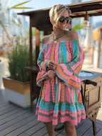 Boho Ethnic-Print Linen-Blend Off-Shoulder Mini Dress - Relaxed, Flowy Fit