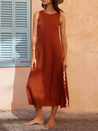 Striped Wave-Embellished Loose Dress with Side Slit