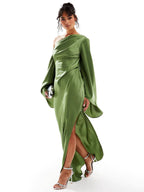 Elegant Green Satin Maxi Dress with an Asymmetric Hem