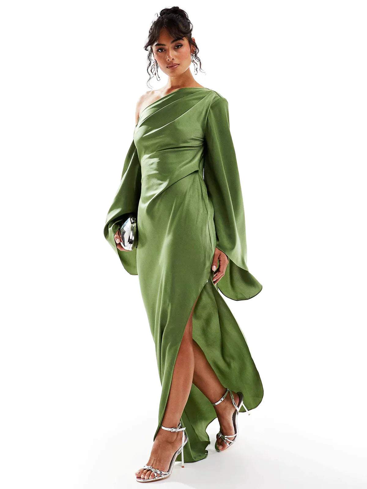 Elegant Green Satin Maxi Dress with an Asymmetric Hem