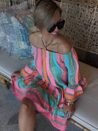 Boho Ethnic-Print Linen-Blend Off-Shoulder Mini Dress - Relaxed, Flowy Fit