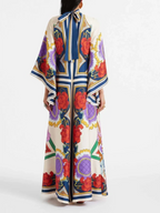Elegant Floral-Print Maxi Dress with Draped Waterfall Sleeves