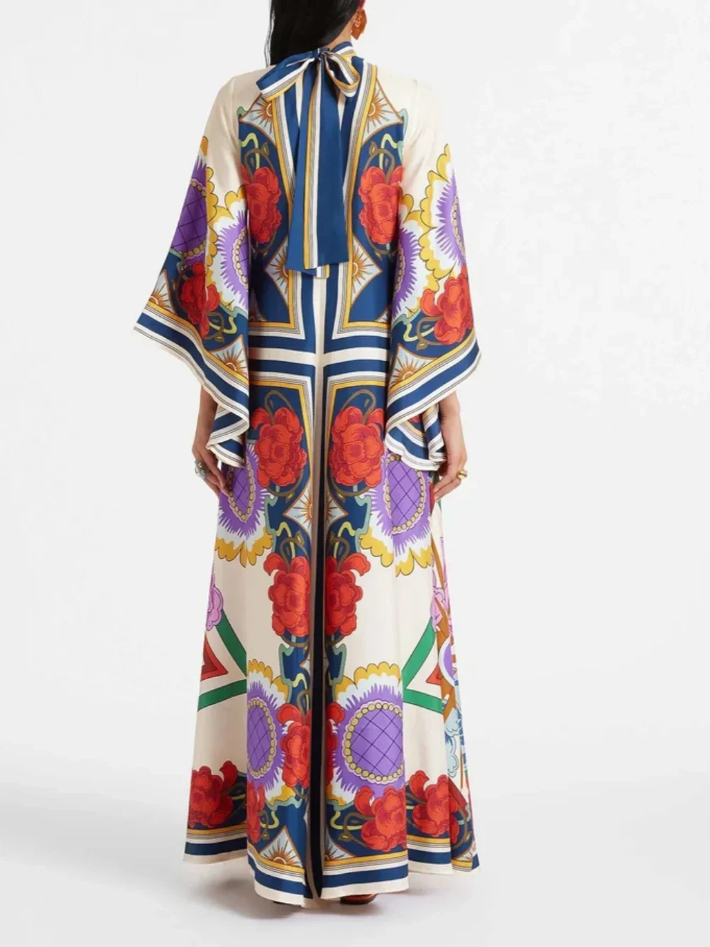 Elegant Floral-Print Maxi Dress with Draped Waterfall Sleeves