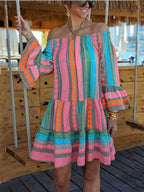 Boho Ethnic-Print Linen-Blend Off-Shoulder Mini Dress - Relaxed, Flowy Fit