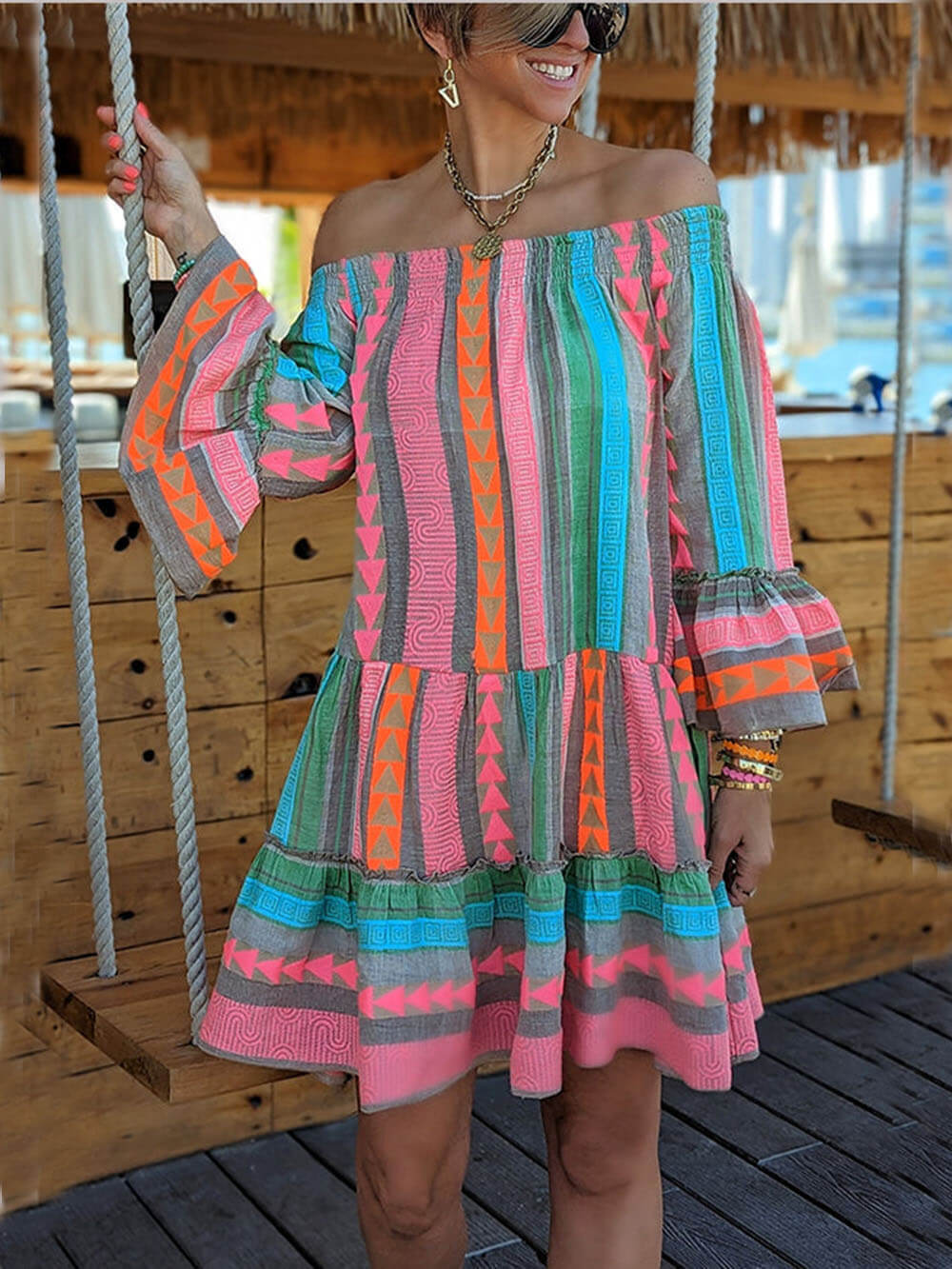 Boho Ethnic-Print Linen-Blend Off-Shoulder Mini Dress - Relaxed, Flowy Fit